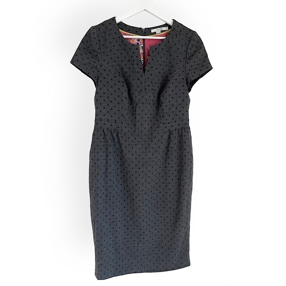 Boden Wool Blend Polka Dot Floral Lined Tulip Split Neck Cap Sleeve Dress Grey 8
